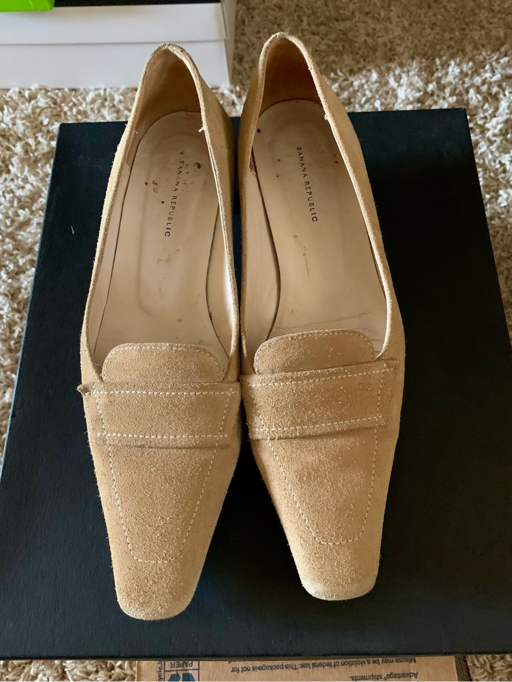 Vintage Banana Republic camel Suede Pointed-Toe Loafers with Kitten Heel